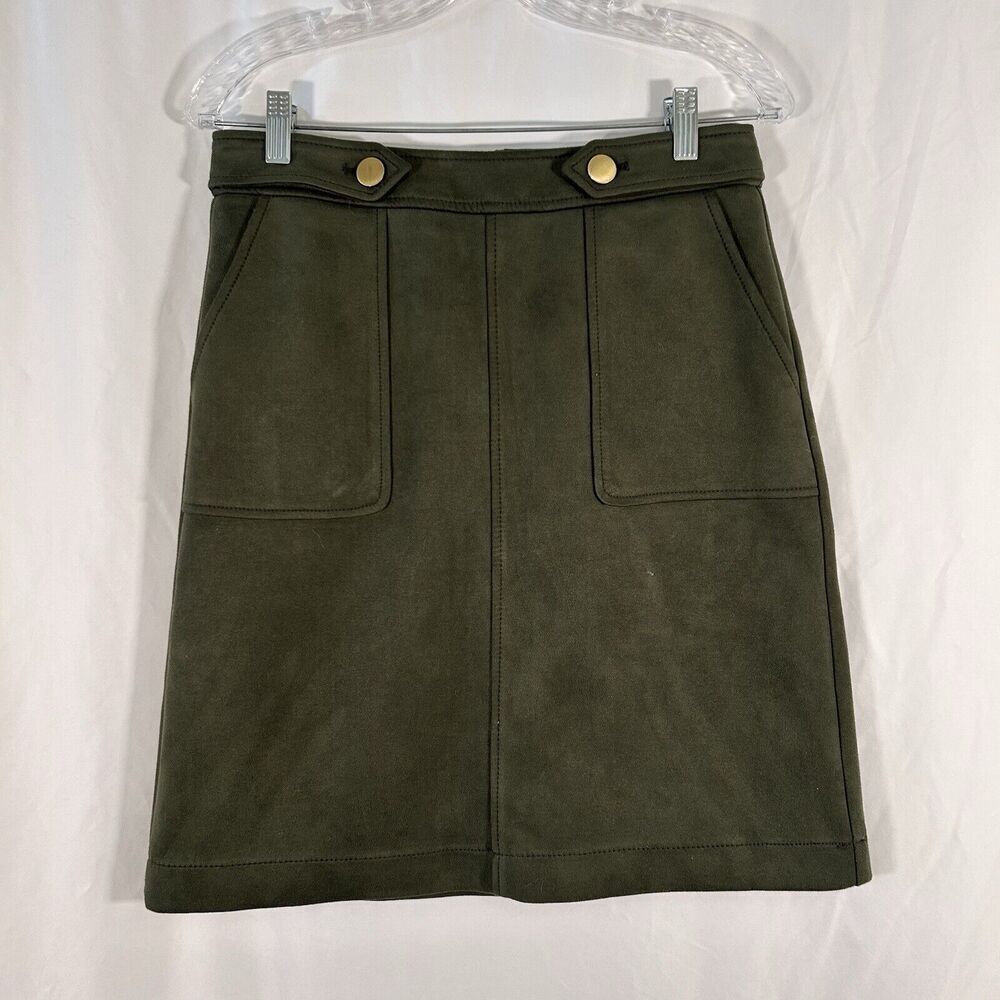 LOFT Knee Length Skirt Women's 6 Solid Green Soft Pockets Zip Back